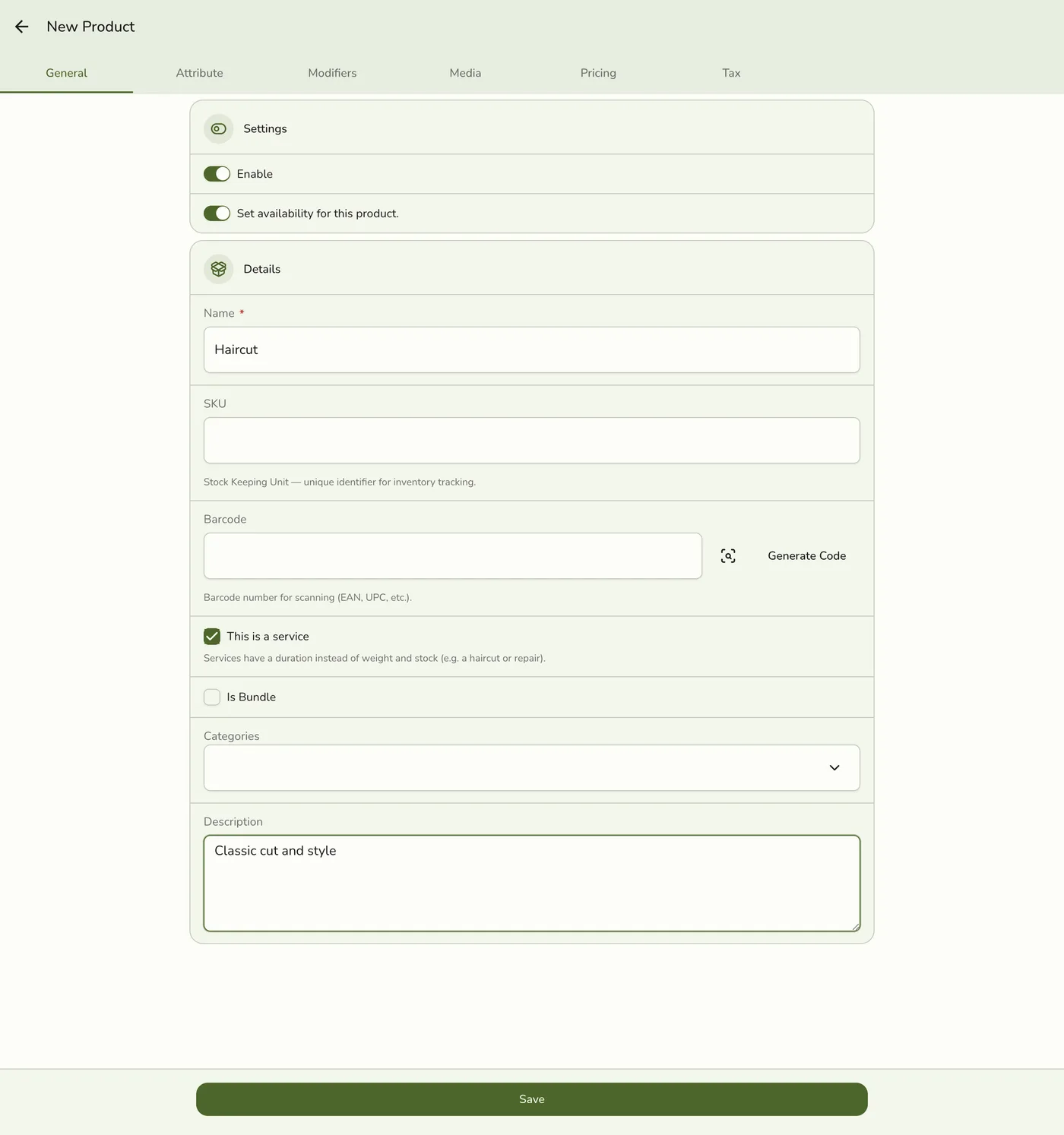 The New Product form with This is a service enabled, and Name and Description filled in