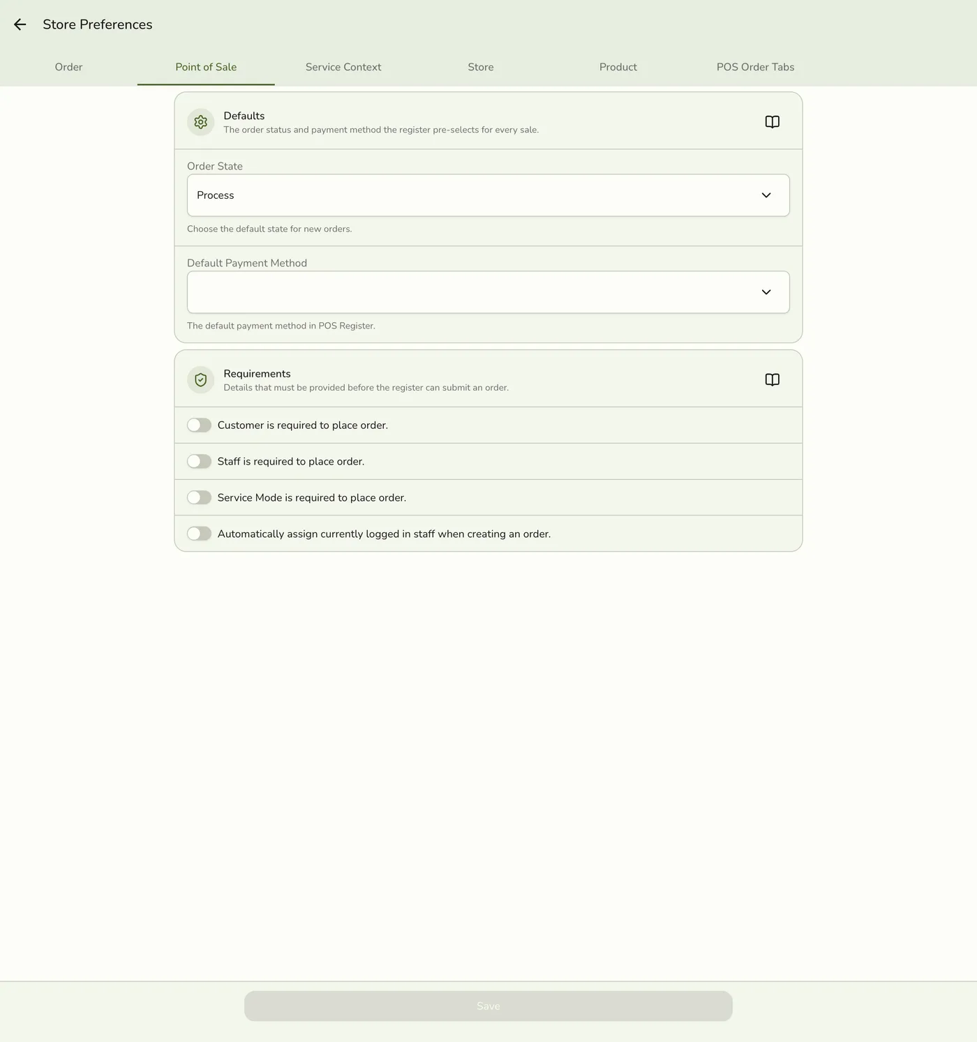 The Preferences screen on the Point of Sale tab, showing default order status, default payment method, and requirement toggles