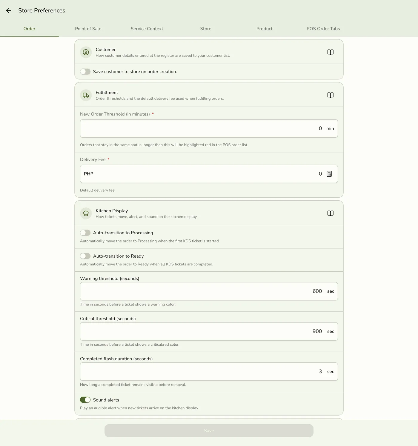 The Preferences screen on the Order tab, showing save-customer-on-create, new order threshold, and delivery fee fields