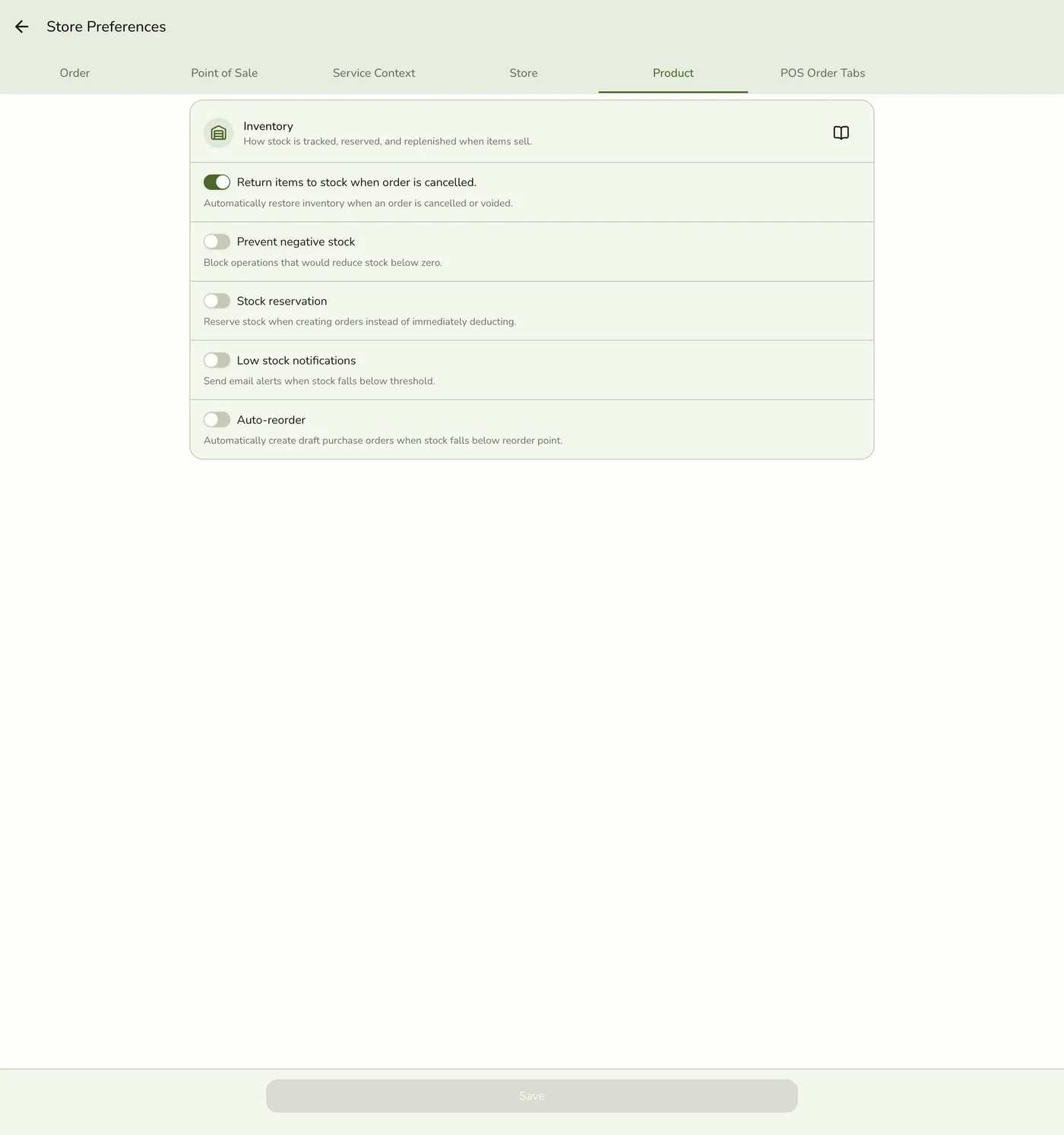 The Preferences screen on the Product tab, showing return-stock, prevent-negative-stock, stock-reservation, low-stock-notification, and auto-reorder toggles