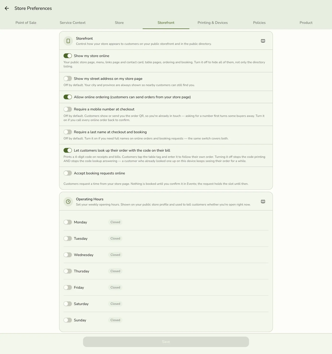 The Preferences screen on the Storefront tab