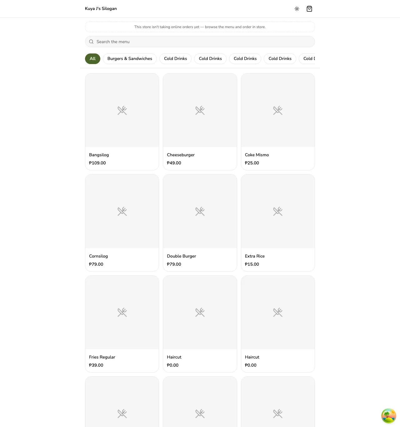 A store's public shop page, with a search bar, category filter chips, and a grid of menu items with prices — shown in browse-only mode because online ordering is off