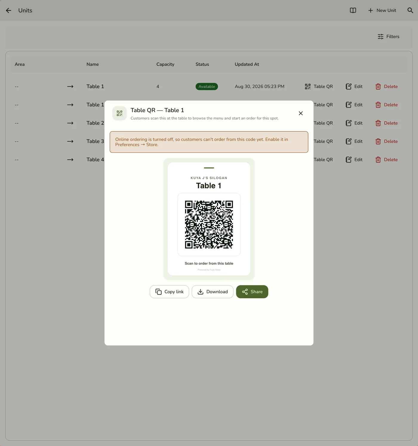 The Table QR dialog for a unit, showing the scannable code with the store and table name, a warning that online ordering is off, and Copy link, Download, and Share actions