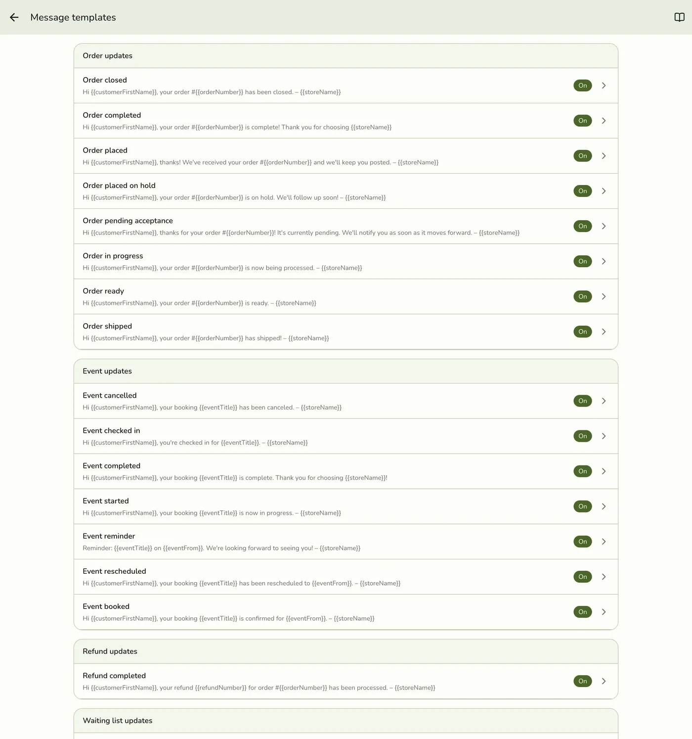 The SMS Message Templates list, grouped by Order, Event, Refund, and Waiting list updates