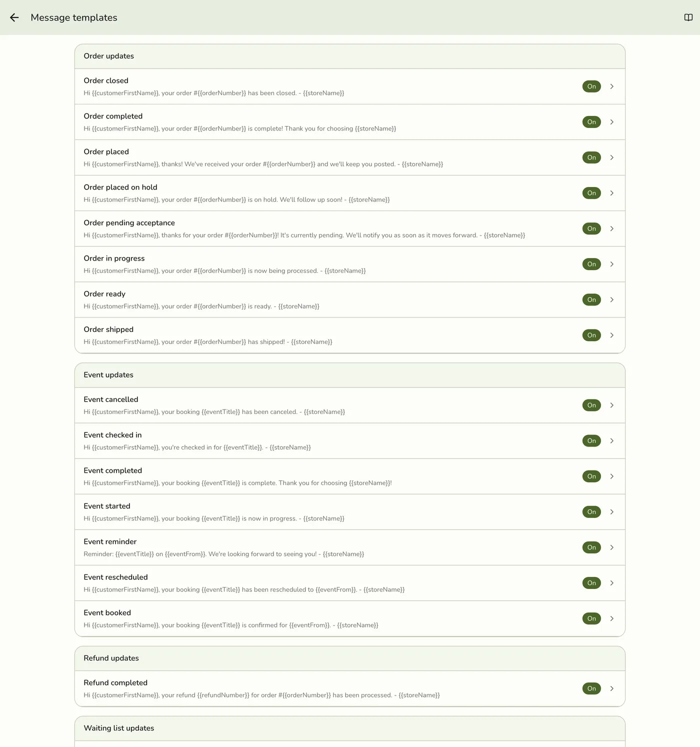 The templates list after saving
