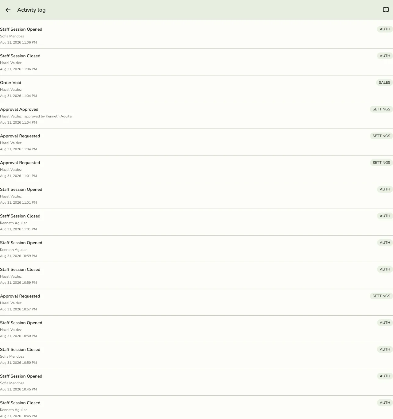 The Activity Log in Fuze Store listing entries such as Order Void, Approval Approved, Approval Requested, and Staff Session Opened/Closed, each with the staff member and timestamp