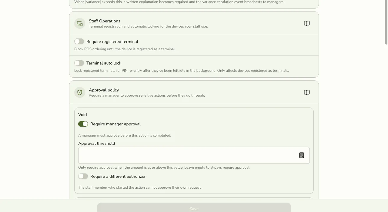 The Staff Operations settings section in Fuze Store Store Preferences, showing Require registered terminal, Terminal auto lock, and an Approval policy card for Void with Require manager approval turned on
