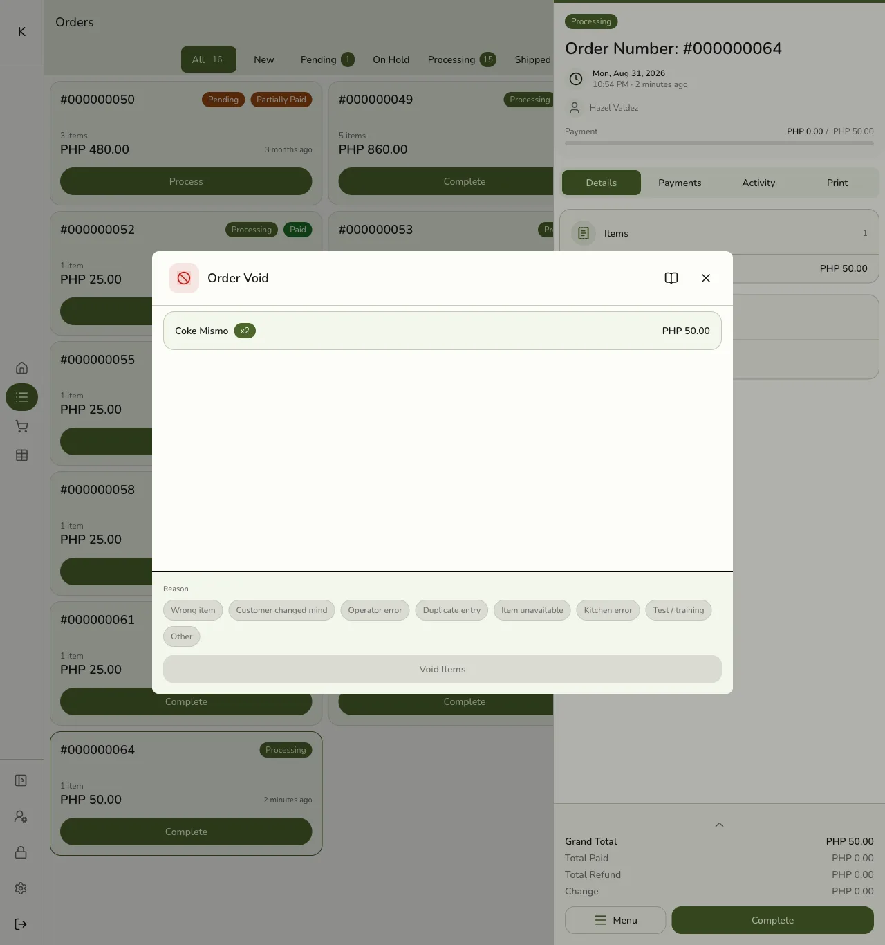 The Order Void dialog in Fuze Store with an item selected and a list of void reasons to choose from