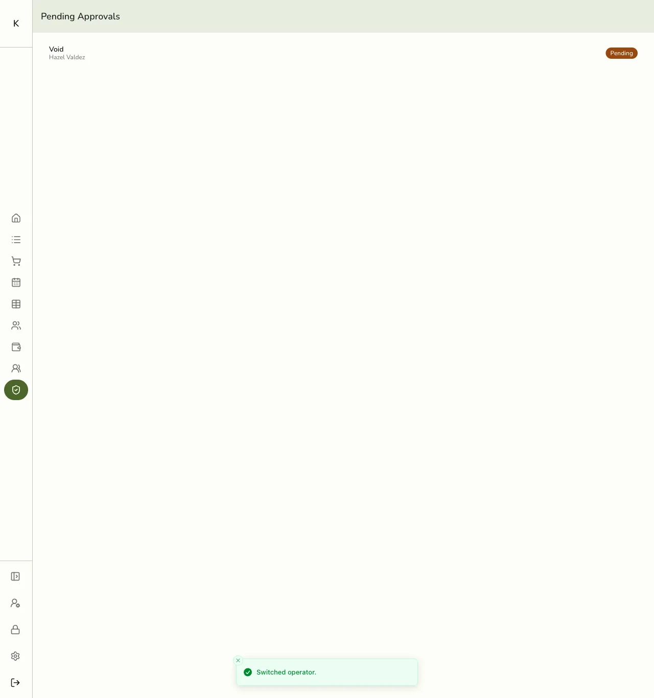 The Pending Approvals queue in Fuze Store showing a Void request from a staff member awaiting a manager's PIN