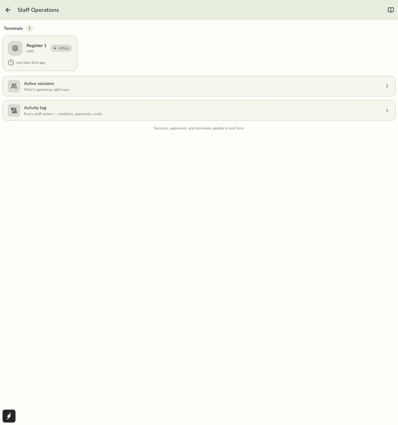 The Staff Operations hub in Fuze Store showing a registered terminal, and Active Sessions and Activity Log entries