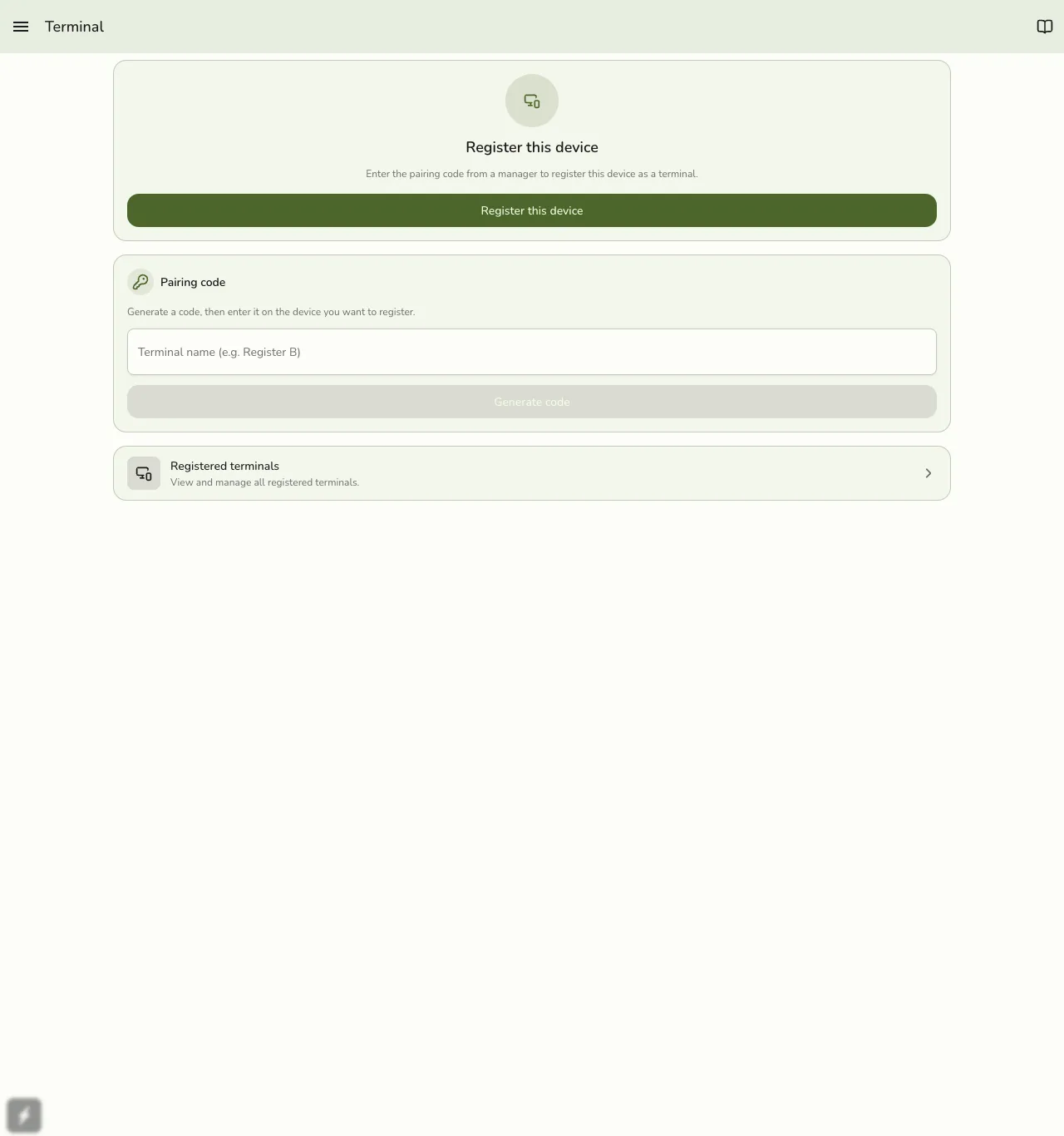The Terminal screen in Fuze Store with a Register this device button and a Pairing code section to generate a code for a new device