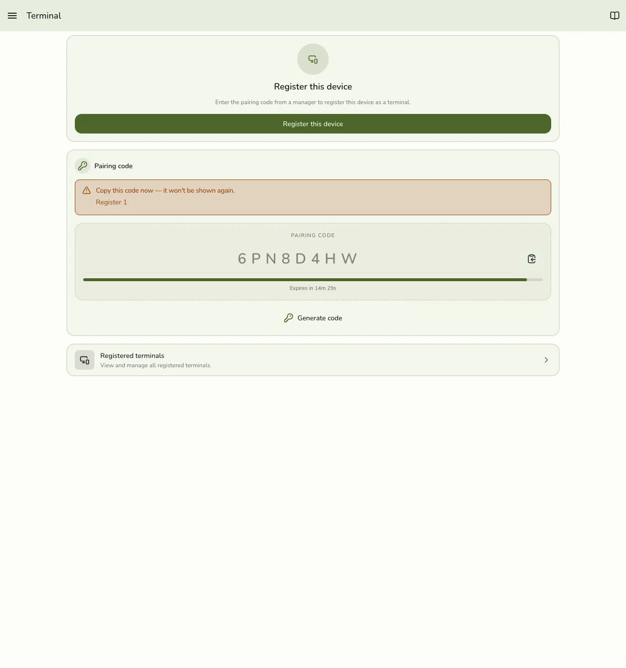 A generated 8-character pairing code in Fuze Store, shown once with a countdown until it expires