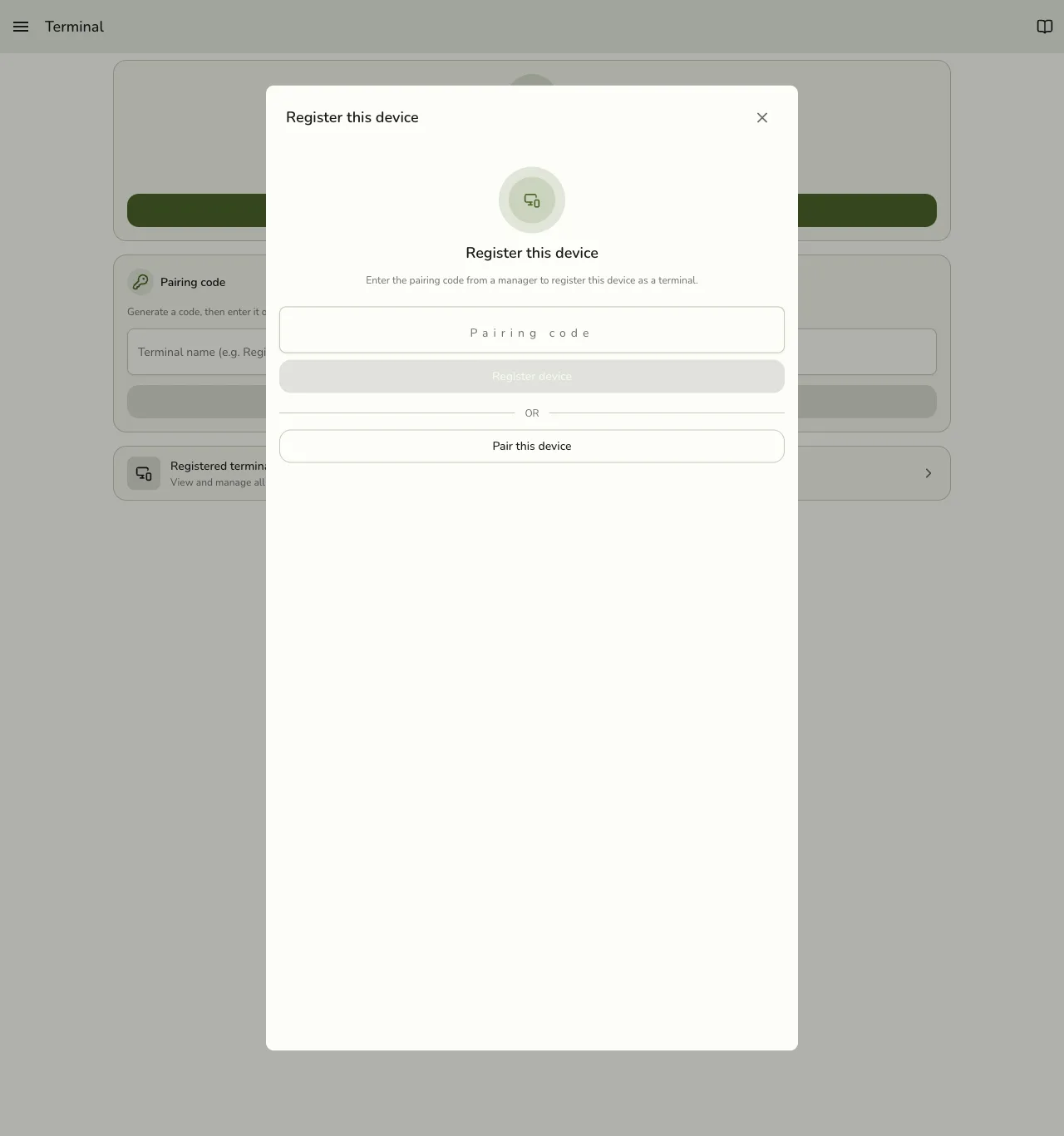 The Register this device dialog in Fuze Store with a Pairing Code field and a Register device button