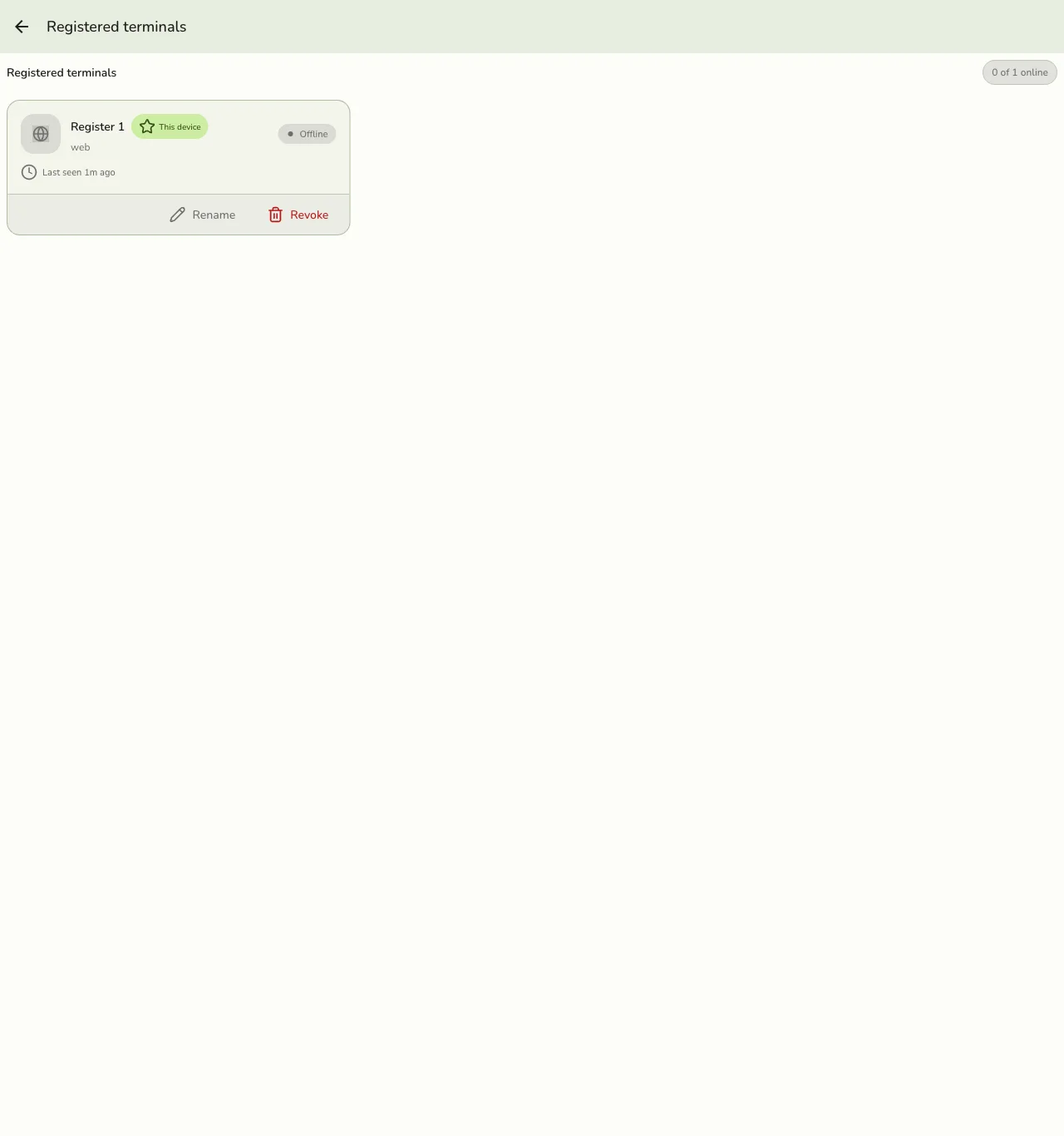 The Registered terminals list in Fuze Store showing a device marked This device, its online status, and Rename and Revoke actions