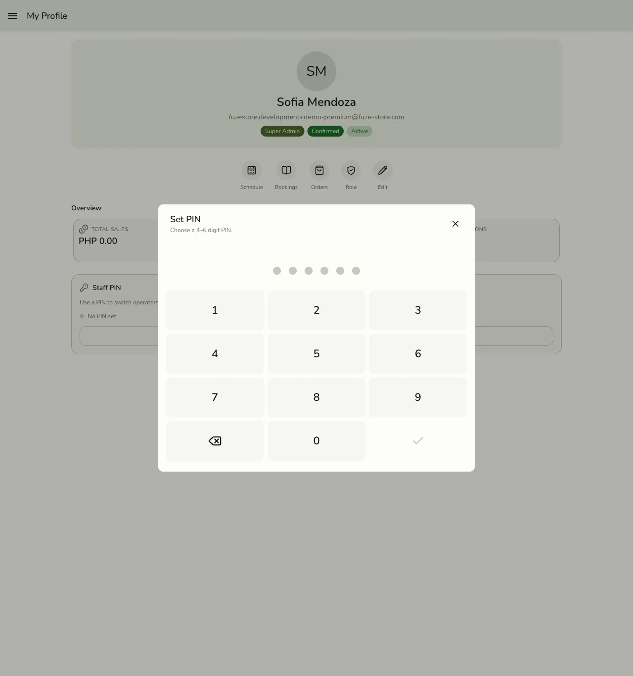 The Set PIN dialog in Fuze Store showing a numeric keypad to choose a 4-6 digit PIN