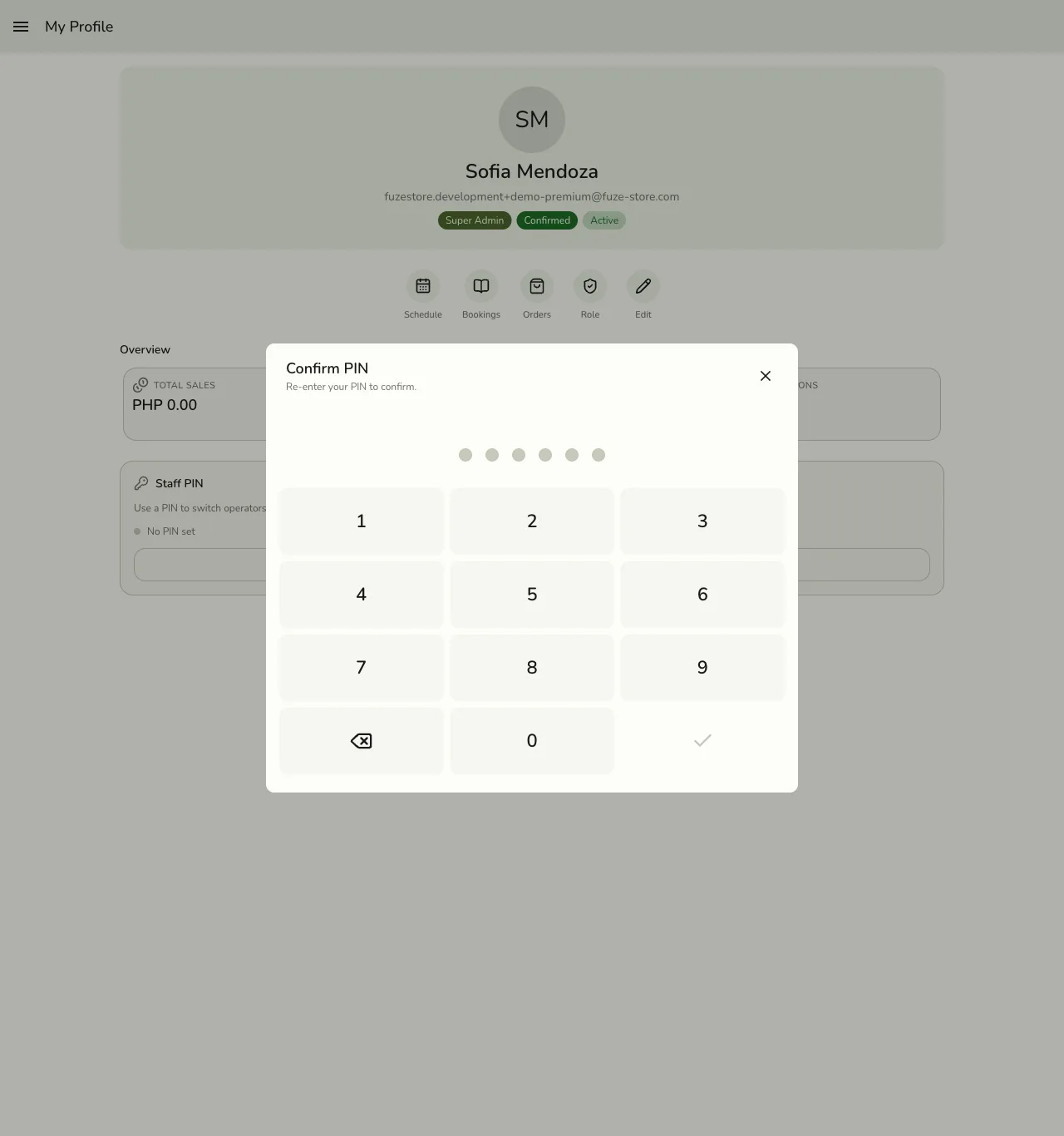 The Confirm PIN dialog in Fuze Store asking the staff member to re-enter their PIN