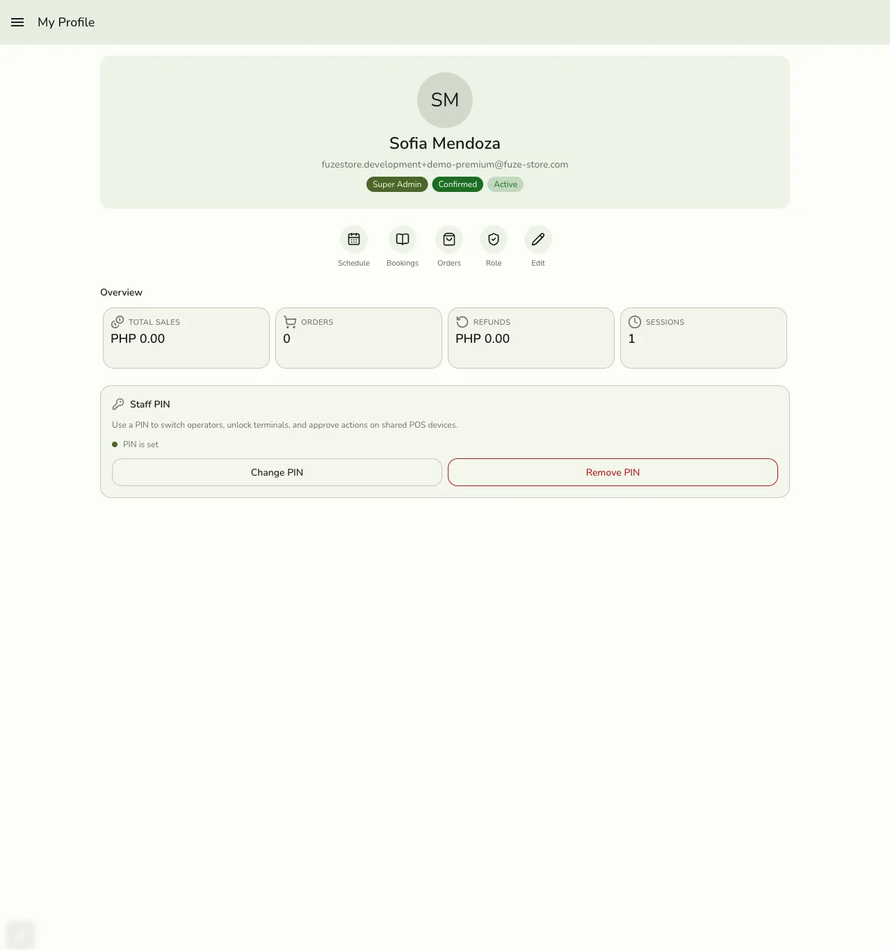 A staff profile's Staff PIN card in Fuze Store showing PIN is set, with Change PIN and Remove PIN buttons