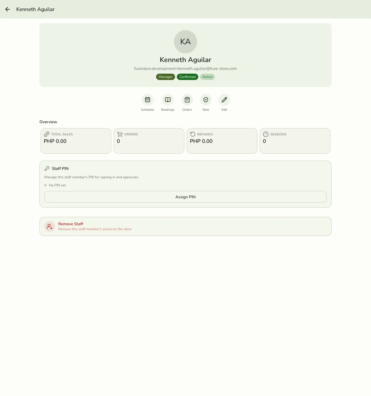 A staff member's profile in Fuze Store viewed by a manager, showing a Staff PIN card with No PIN set and an Assign PIN button