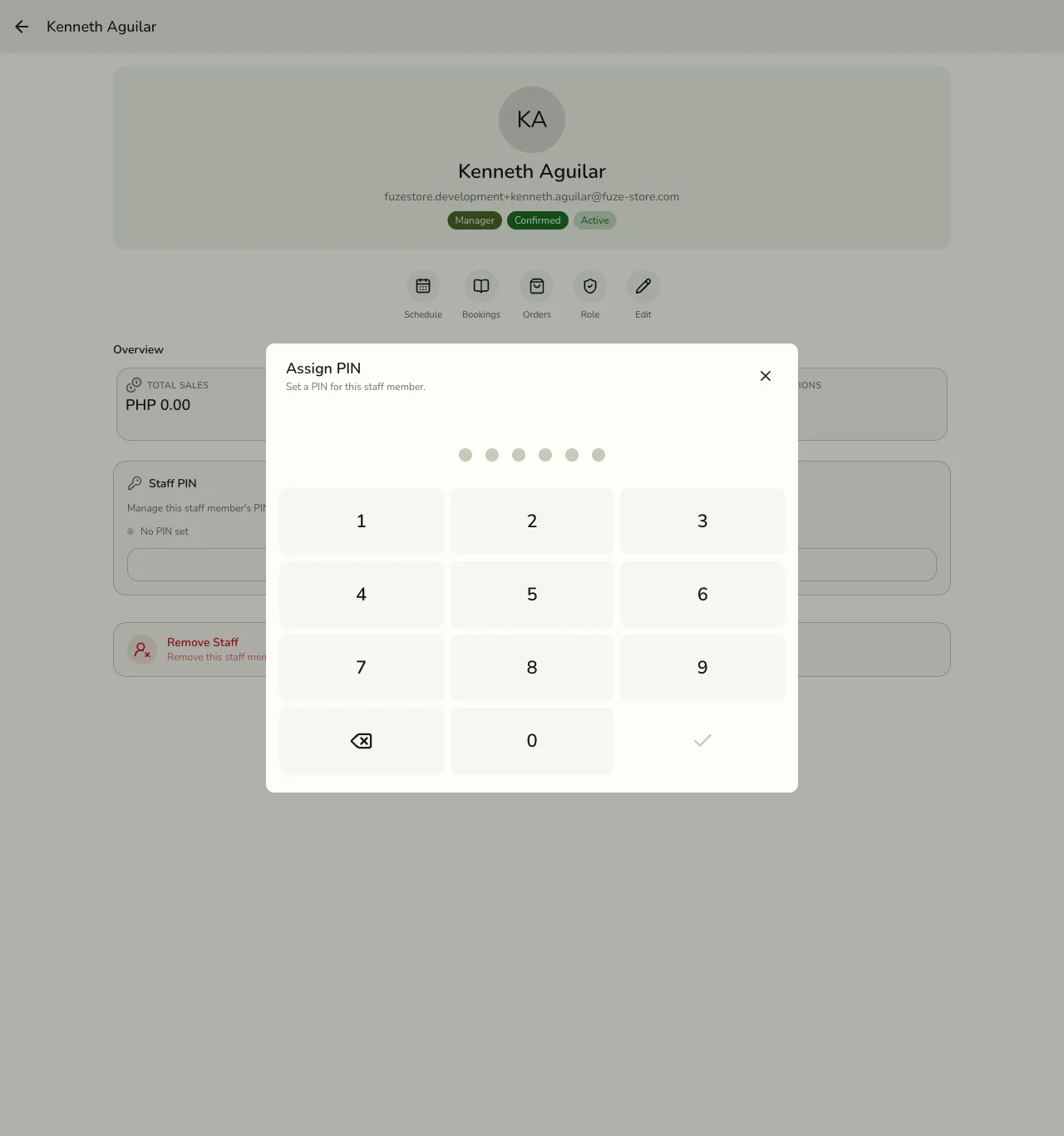 The Assign PIN dialog in Fuze Store, letting a manager set a PIN for a staff member without entering the member's current PIN