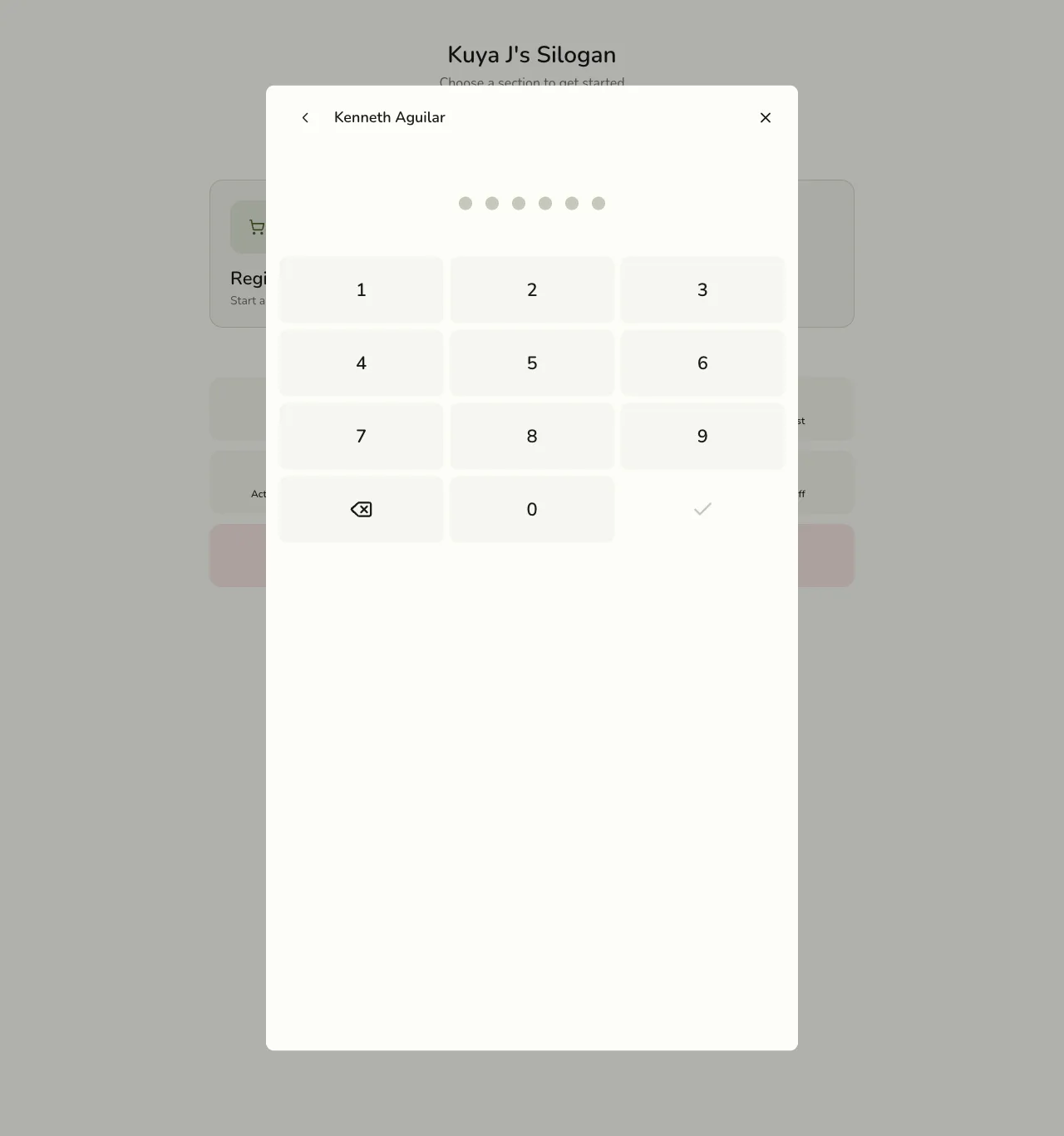 A PIN entry keypad in Fuze Store for the staff member taking over the register