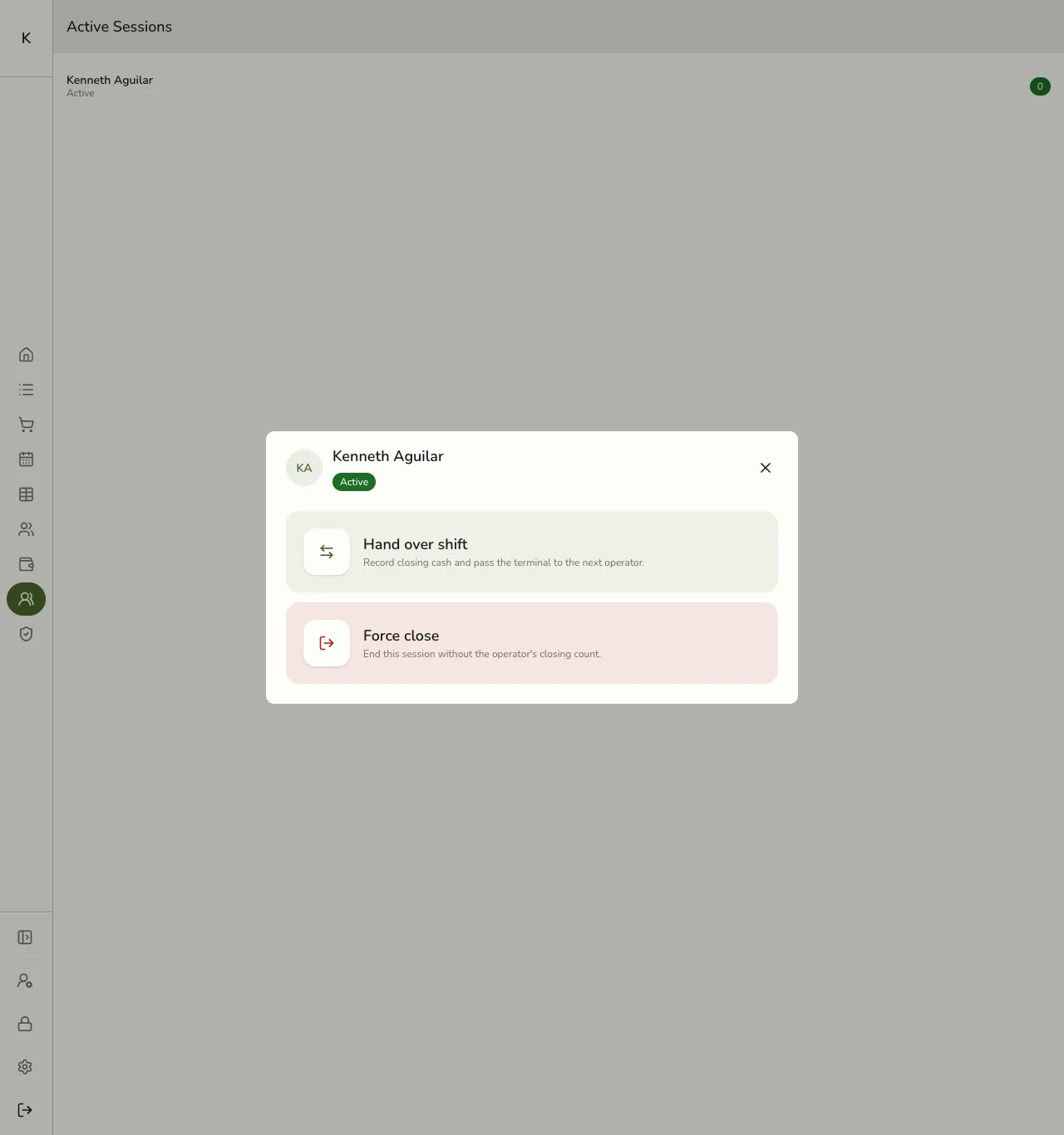 An active session's action sheet in Fuze Store showing Hand over shift and Force close options