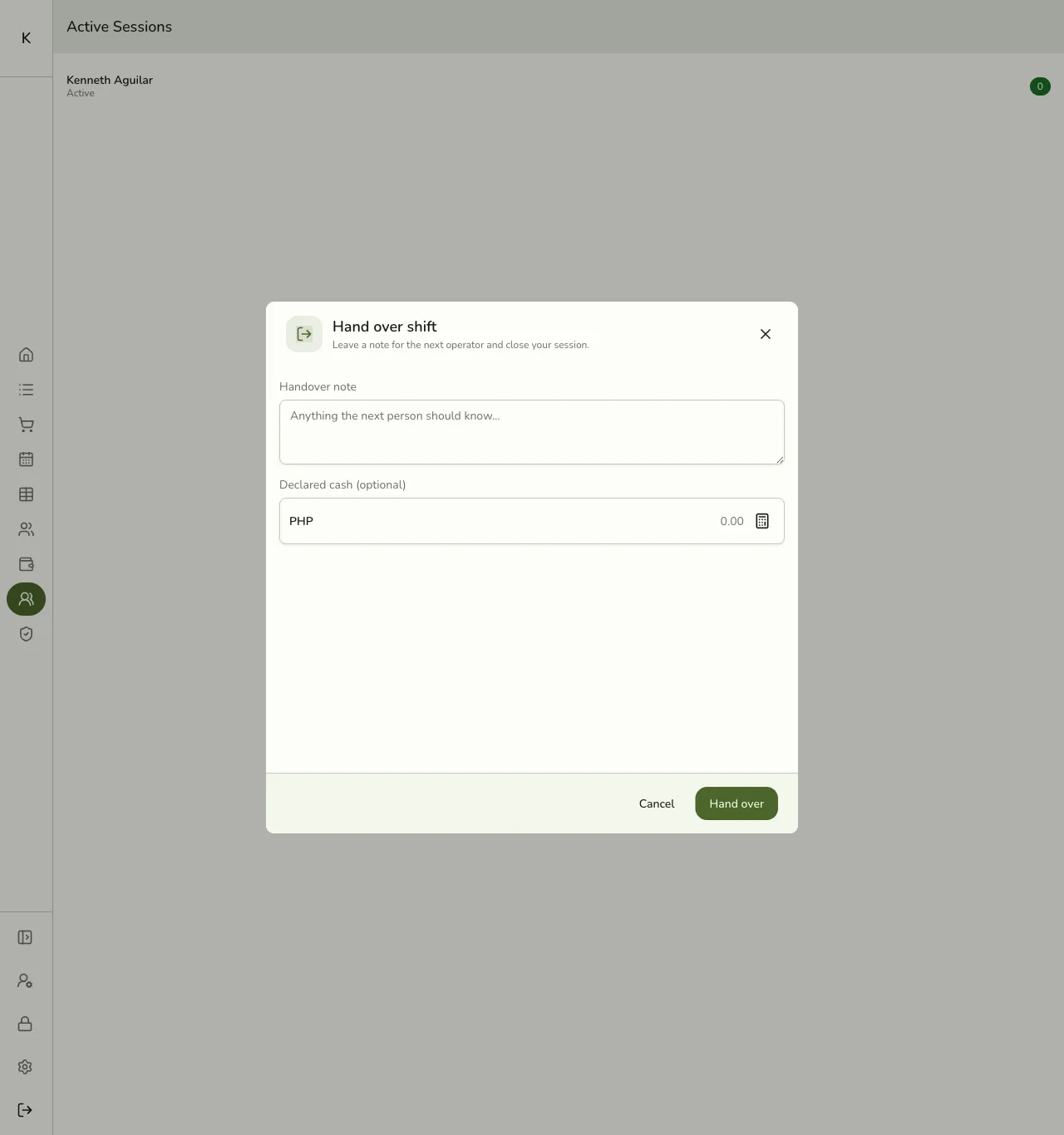The Hand over shift form in Fuze Store with a Handover note field and an optional Declared cash field