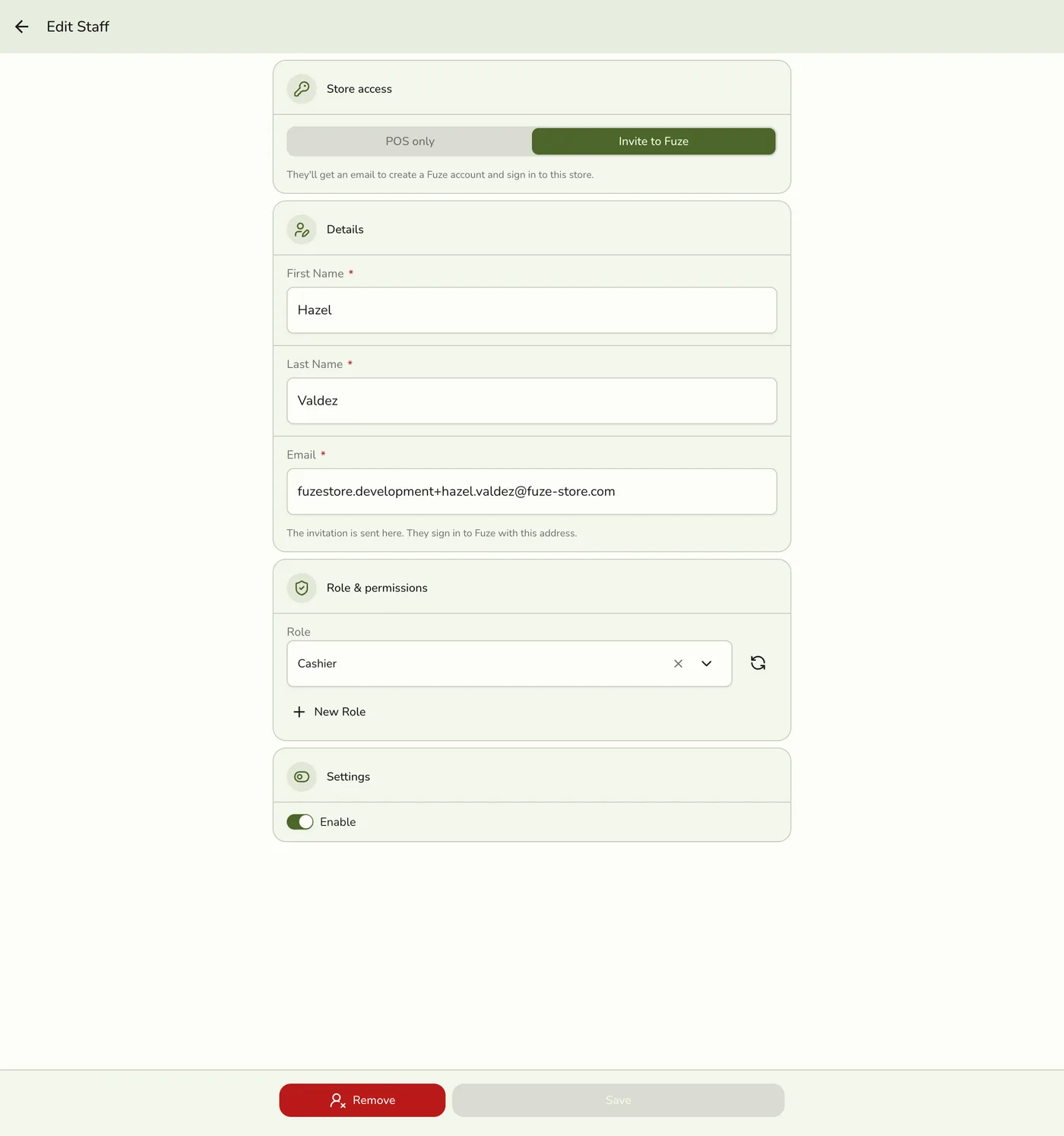 The Role field on the Edit Staff form in Fuze Store, showing a dropdown with the staff member's current role selected and a New Role shortcut below it