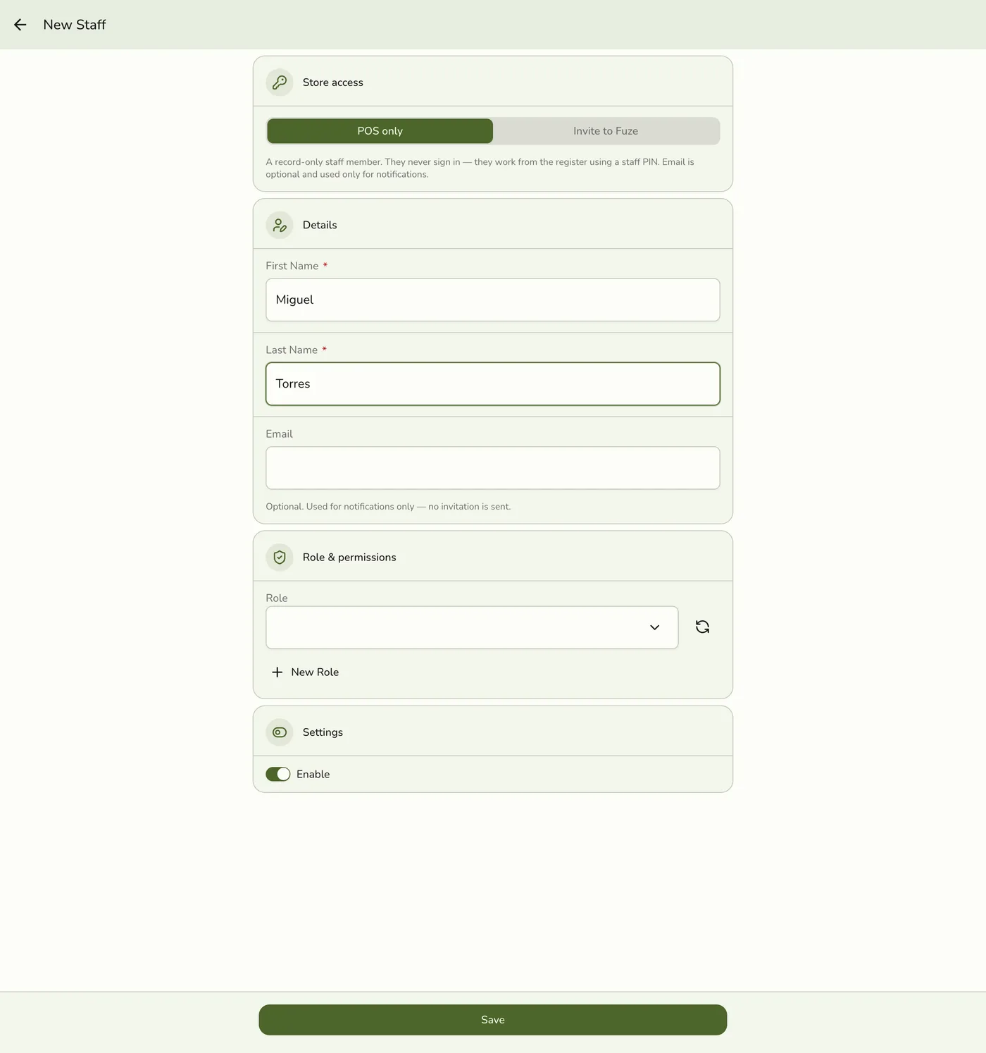 The new Staff form with First Name and Last Name filled in, Store access set to POS only