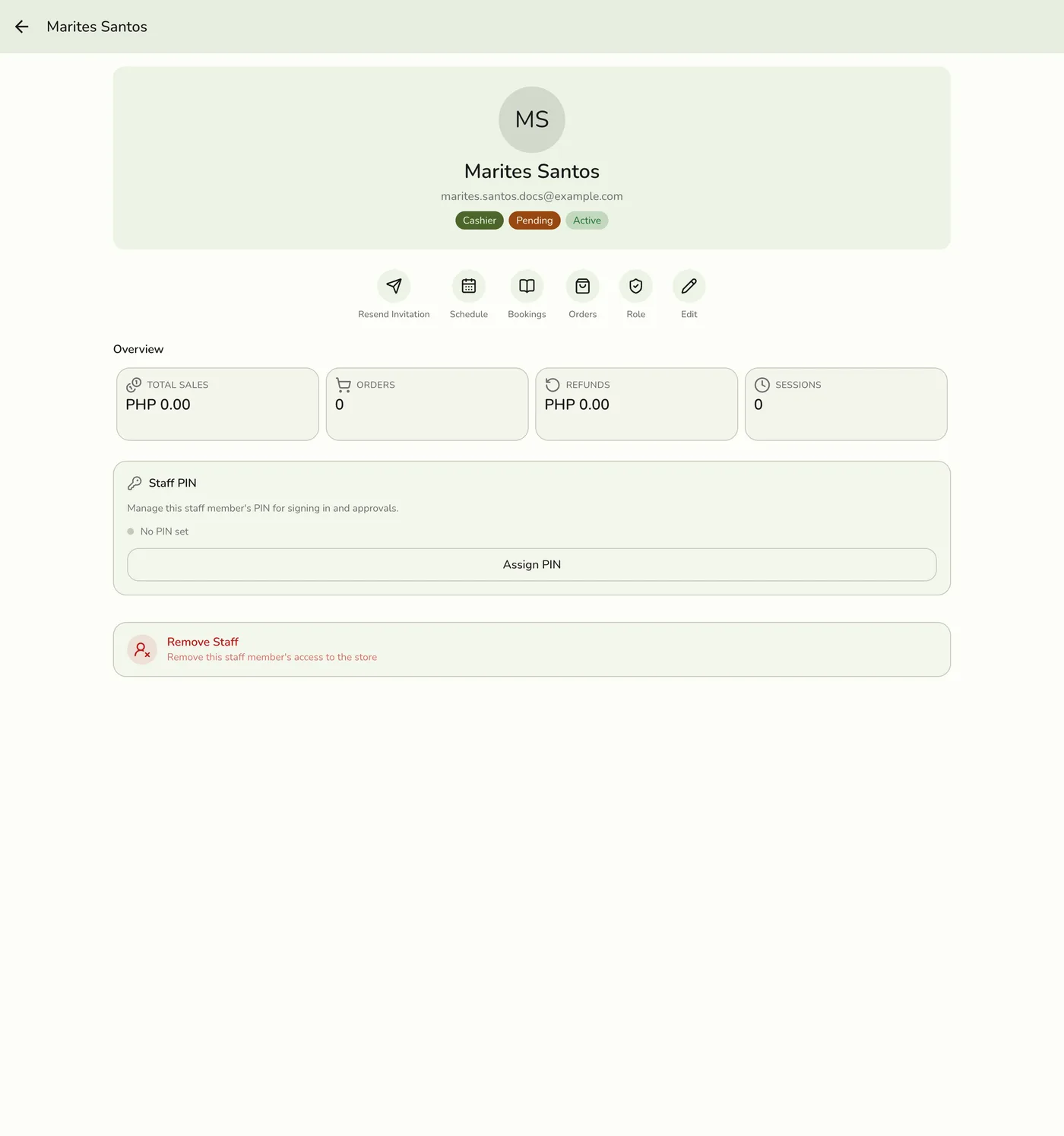 A pending staff member's profile screen in Fuze Store showing Cashier, Pending, and Active badges, with quick actions including Resend Invitation