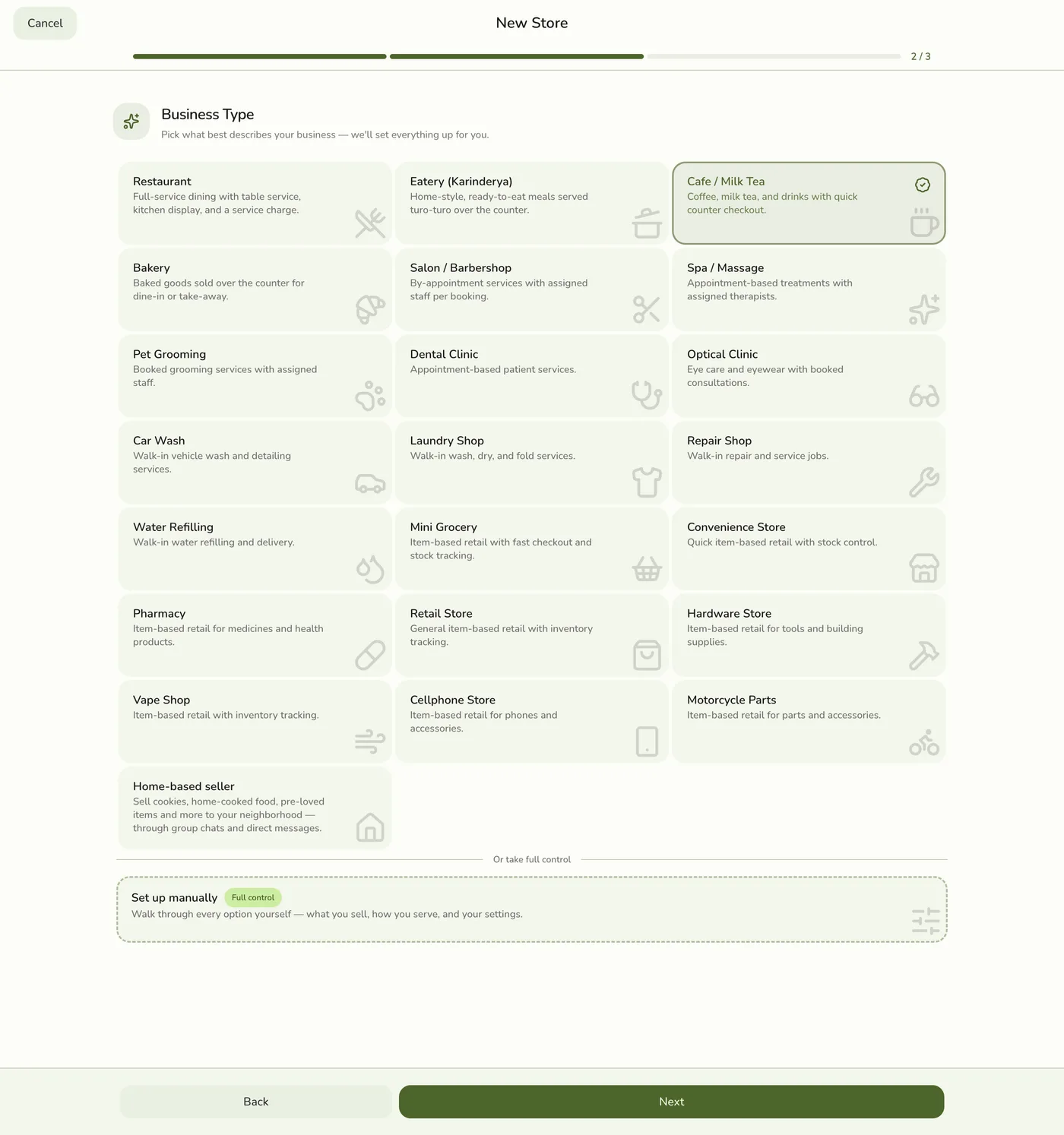 The Business type step with the Cafe / Milk Tea niche card selected, showing a green border and check badge, while Set up manually is no longer highlighted