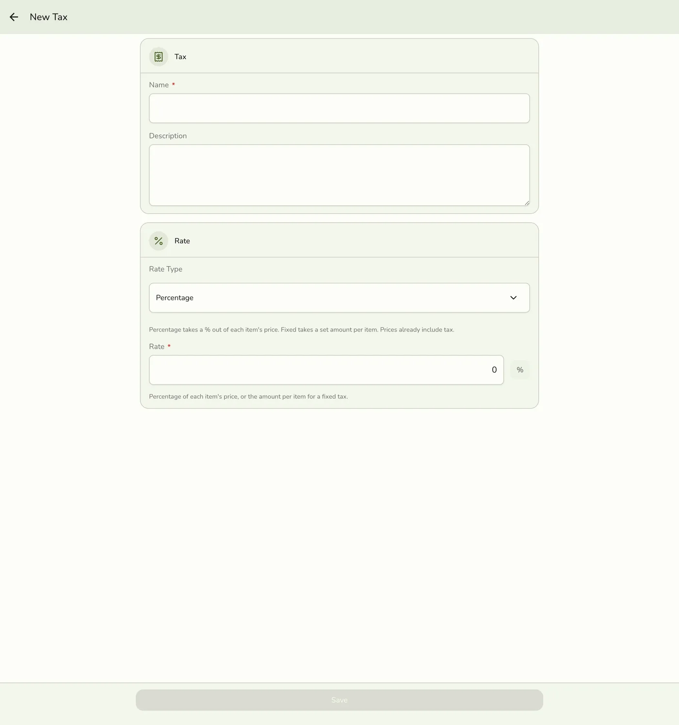 The new Tax form in Fuze Store, empty and ready to fill in