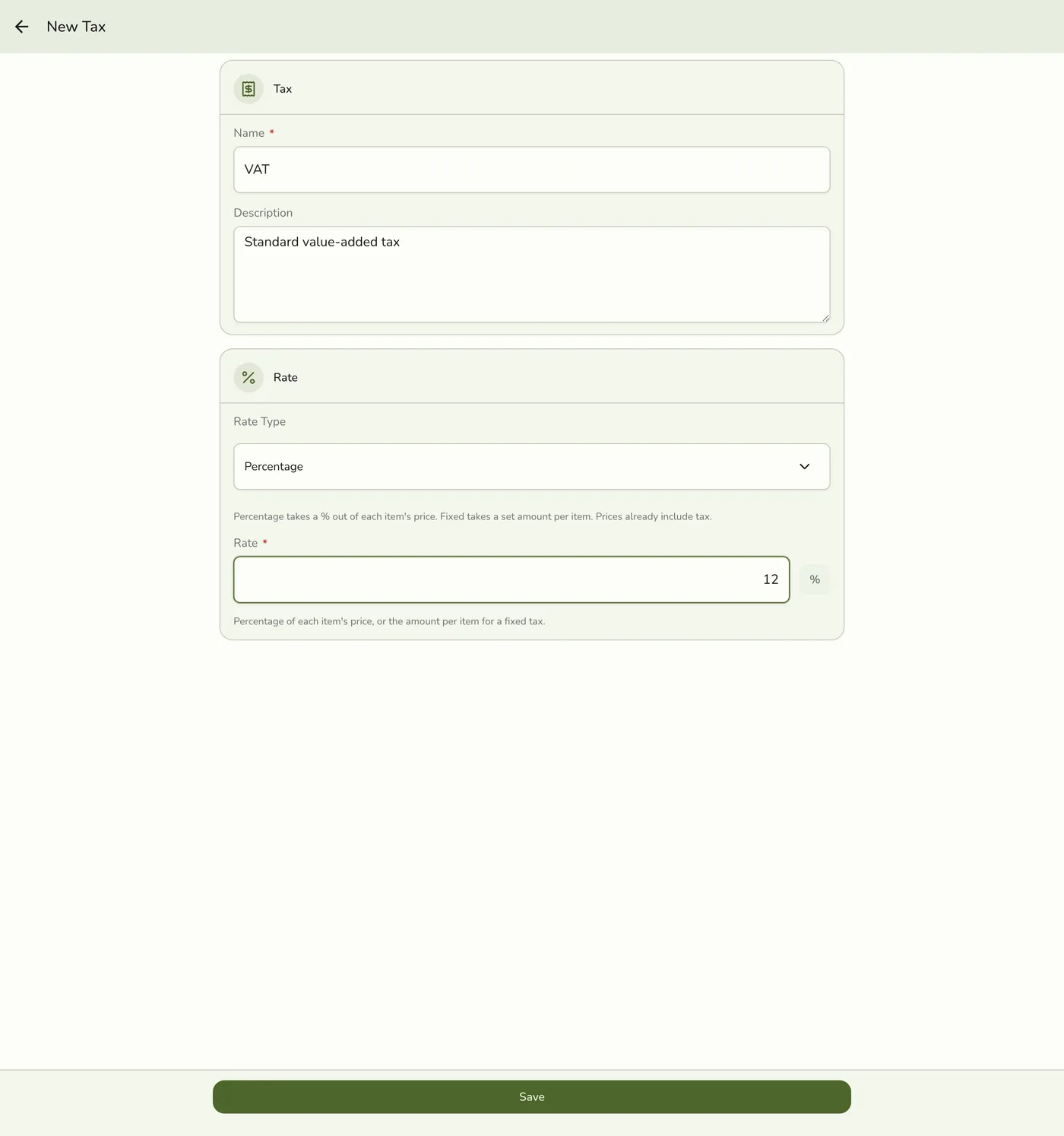 The new Tax form with a name, description, and rate filled in