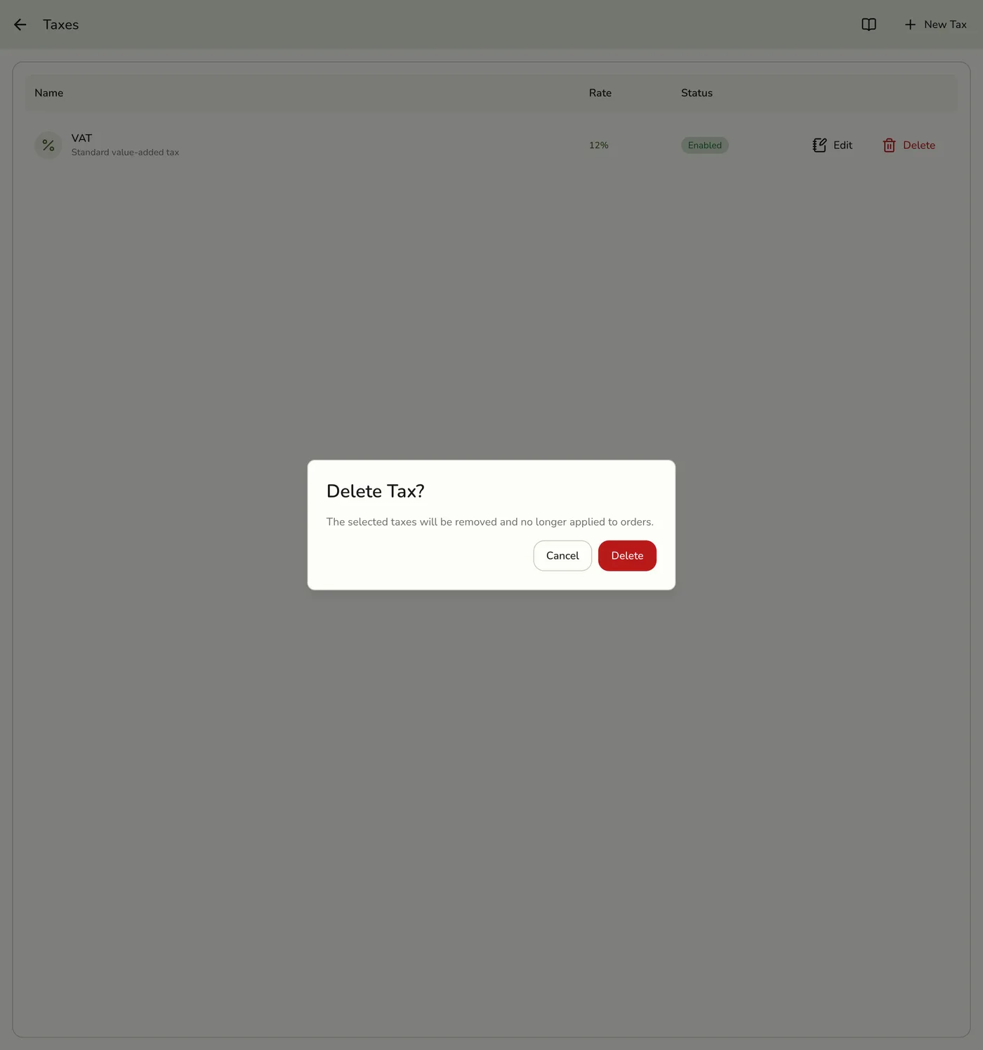 The confirmation dialog shown before a tax is deleted