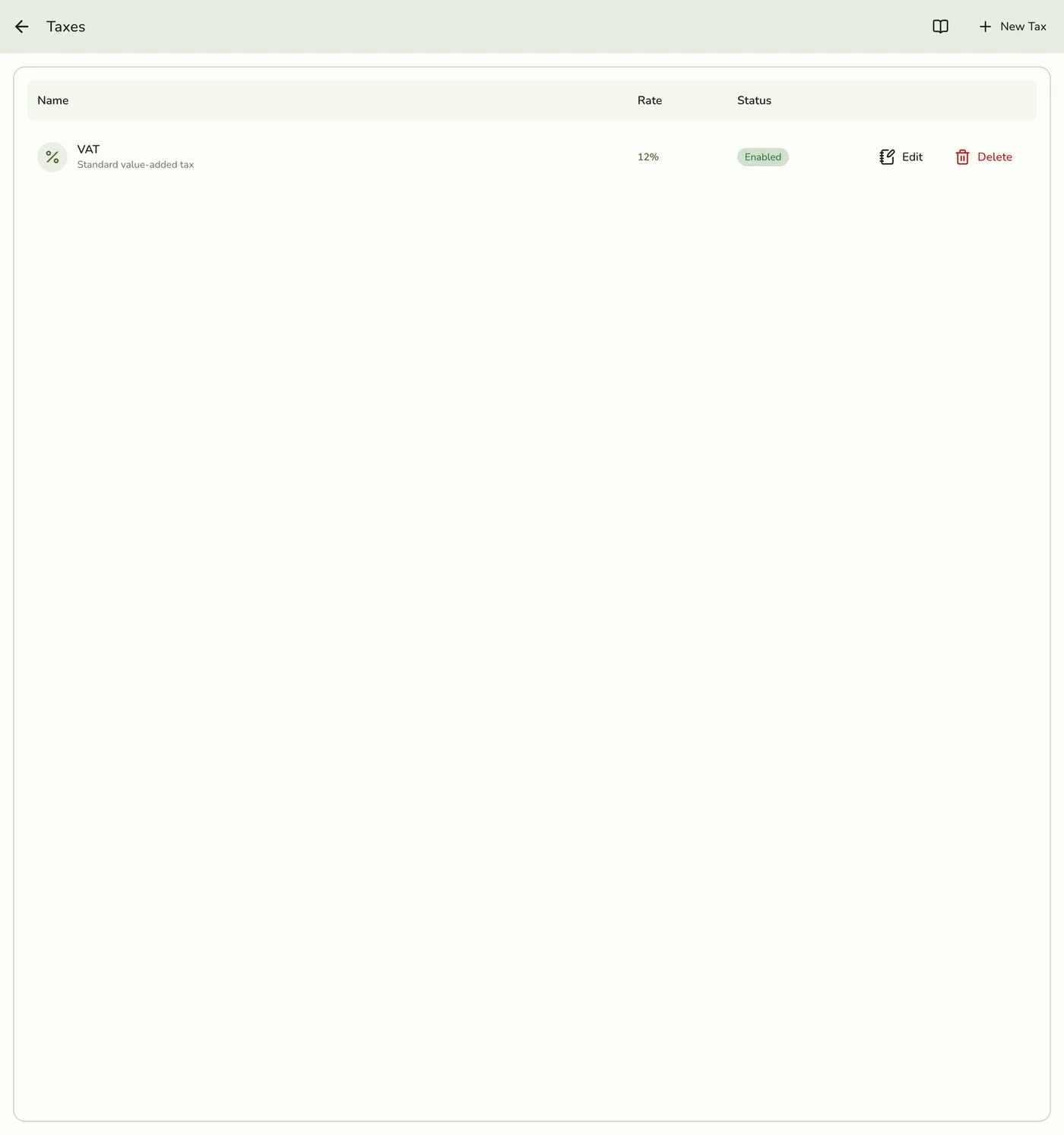 The Taxes screen in Fuze Store