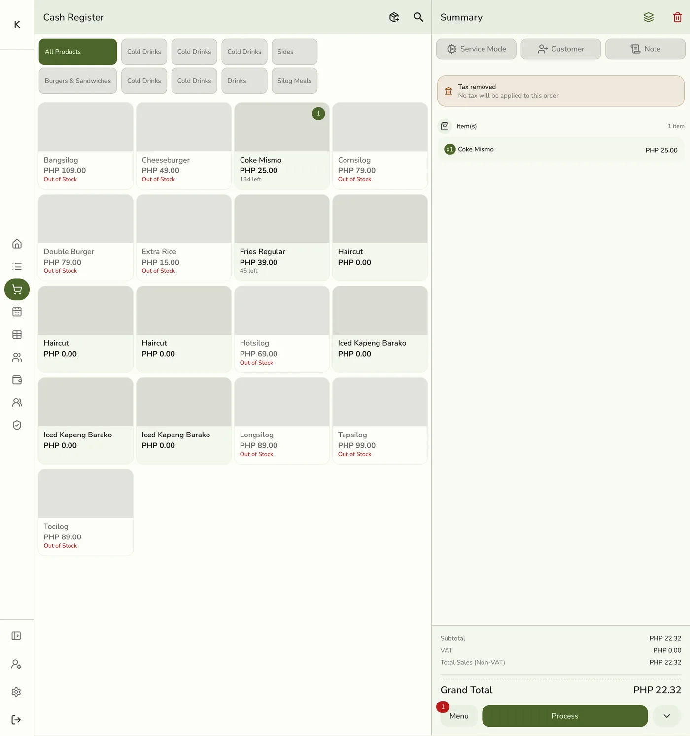 The POS register order summary after Remove Tax, showing the tax removed banner and a zero VAT line