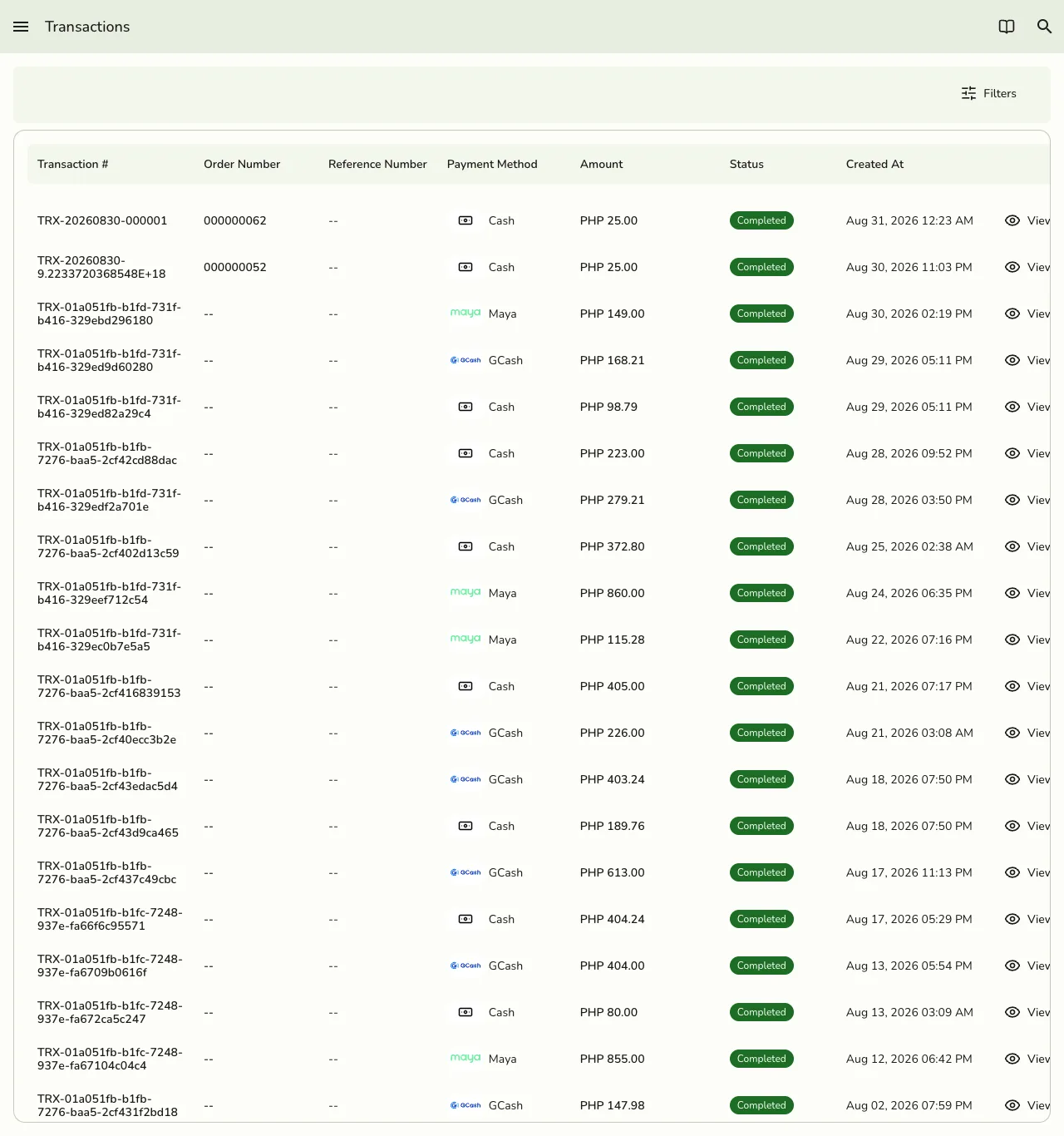 The Transactions screen in Fuze Store listing each payment with its order number, reference number, payment method icon (Cash, GCash, Maya), amount, status, and date