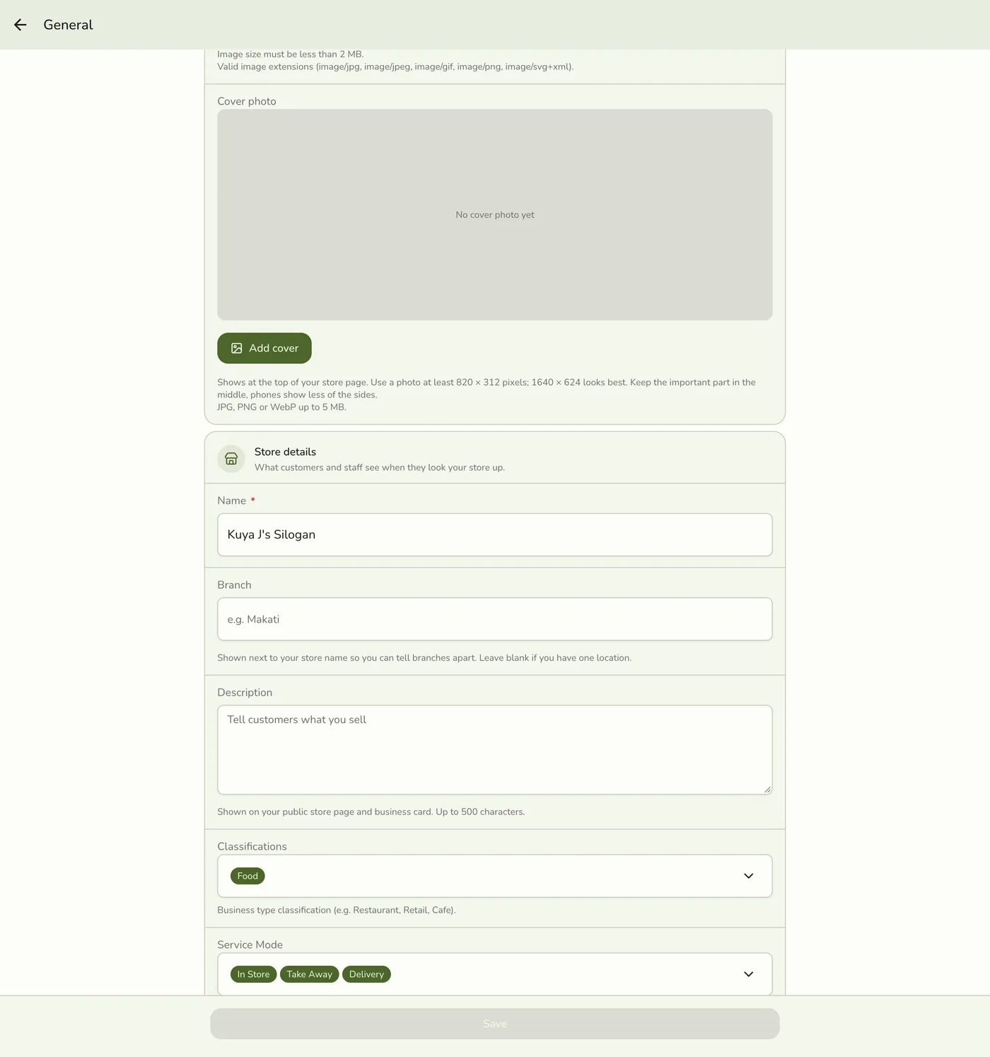 The classification and service mode pickers on the General form