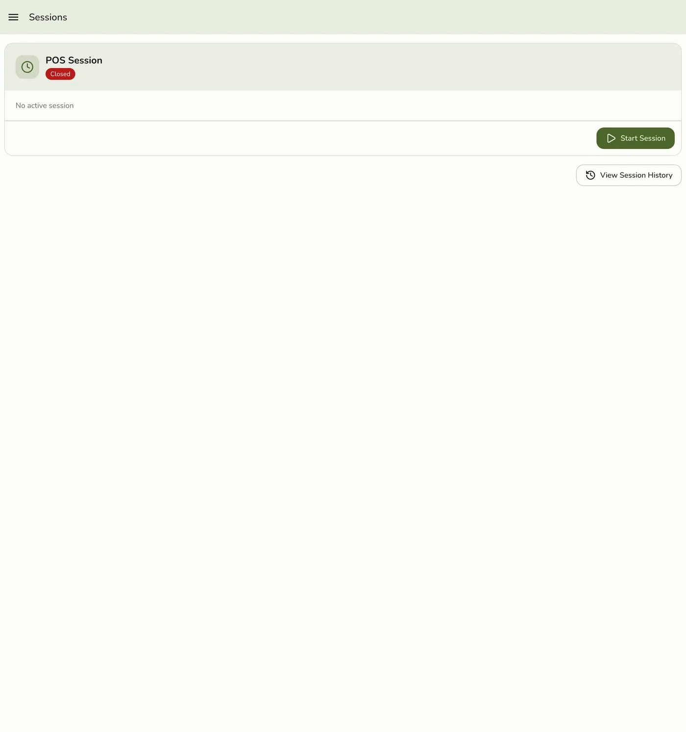The Store Sessions screen in Fuze Store, showing a Closed session status, No active session, a Start Session button, and a View Session History button