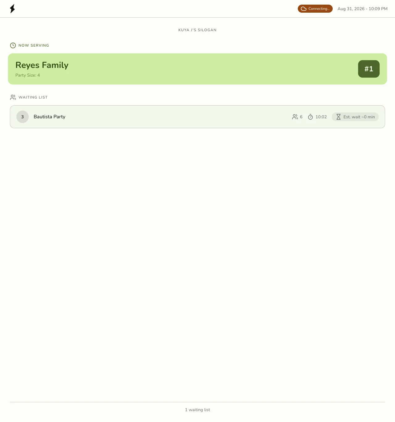 A customer-facing Waiting List board in Fuze Store showing Now Serving Reyes Family number 1, and Bautista Party waiting with party size, wait time, and estimated wait