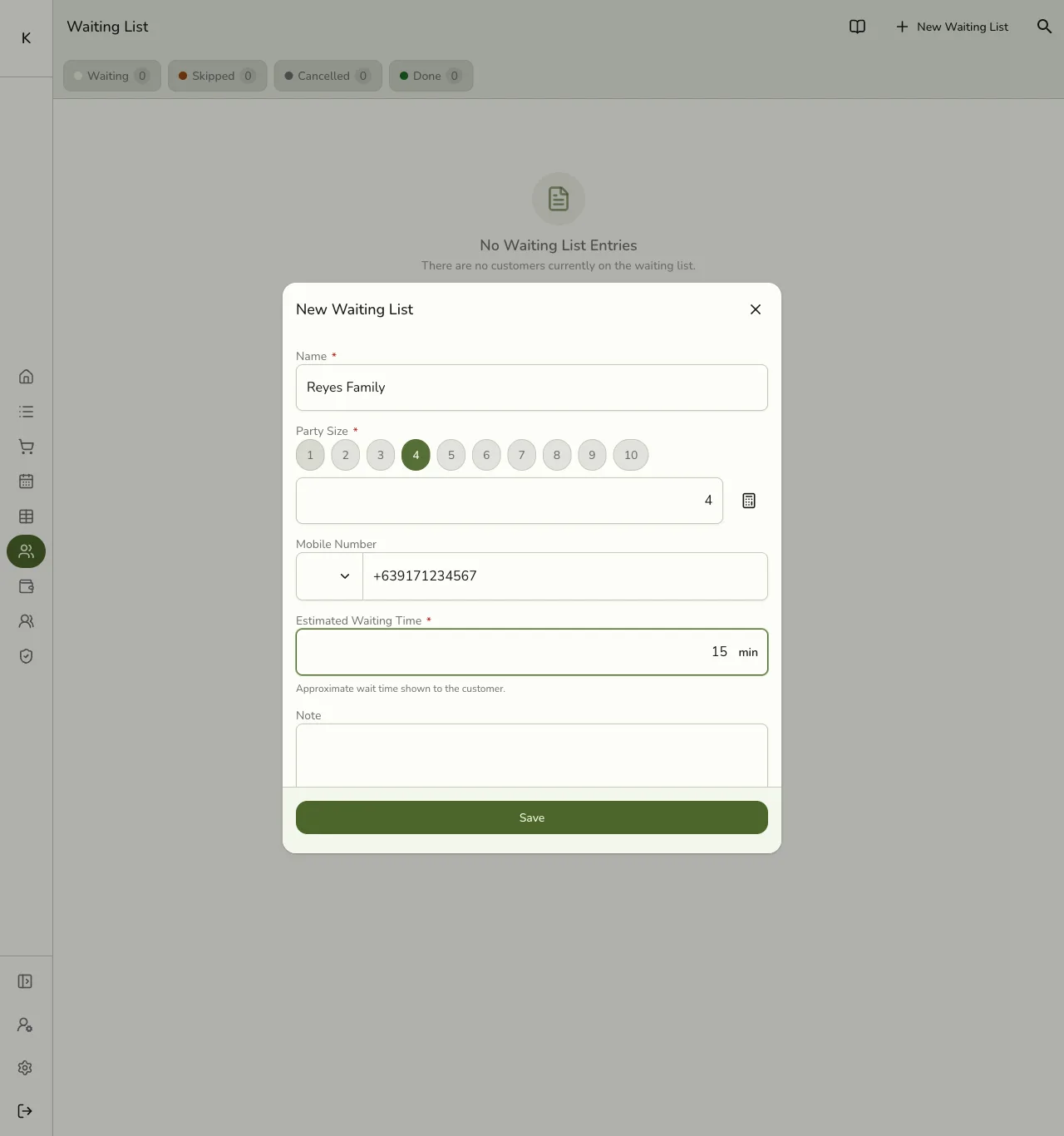 The New Waiting List form in Fuze Store with Name, Party Size, Mobile Number, and Estimated Waiting Time fields filled in