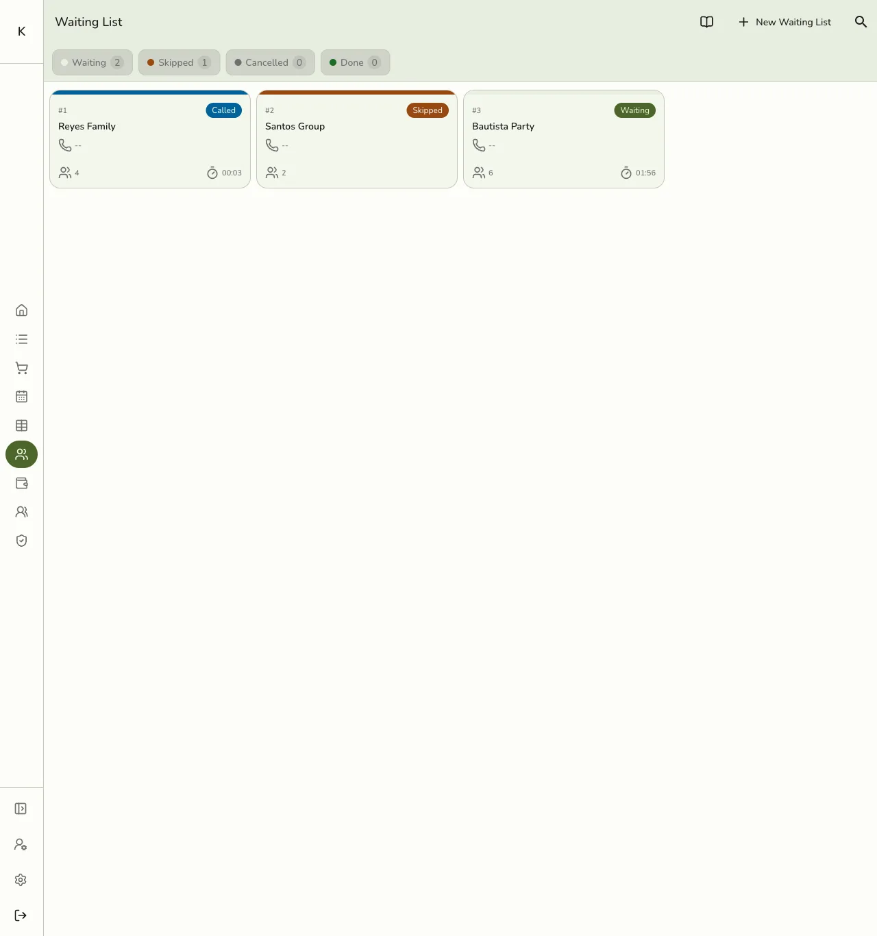 The Waiting List screen in Fuze Store showing three parties with Called, Skipped, and Waiting statuses