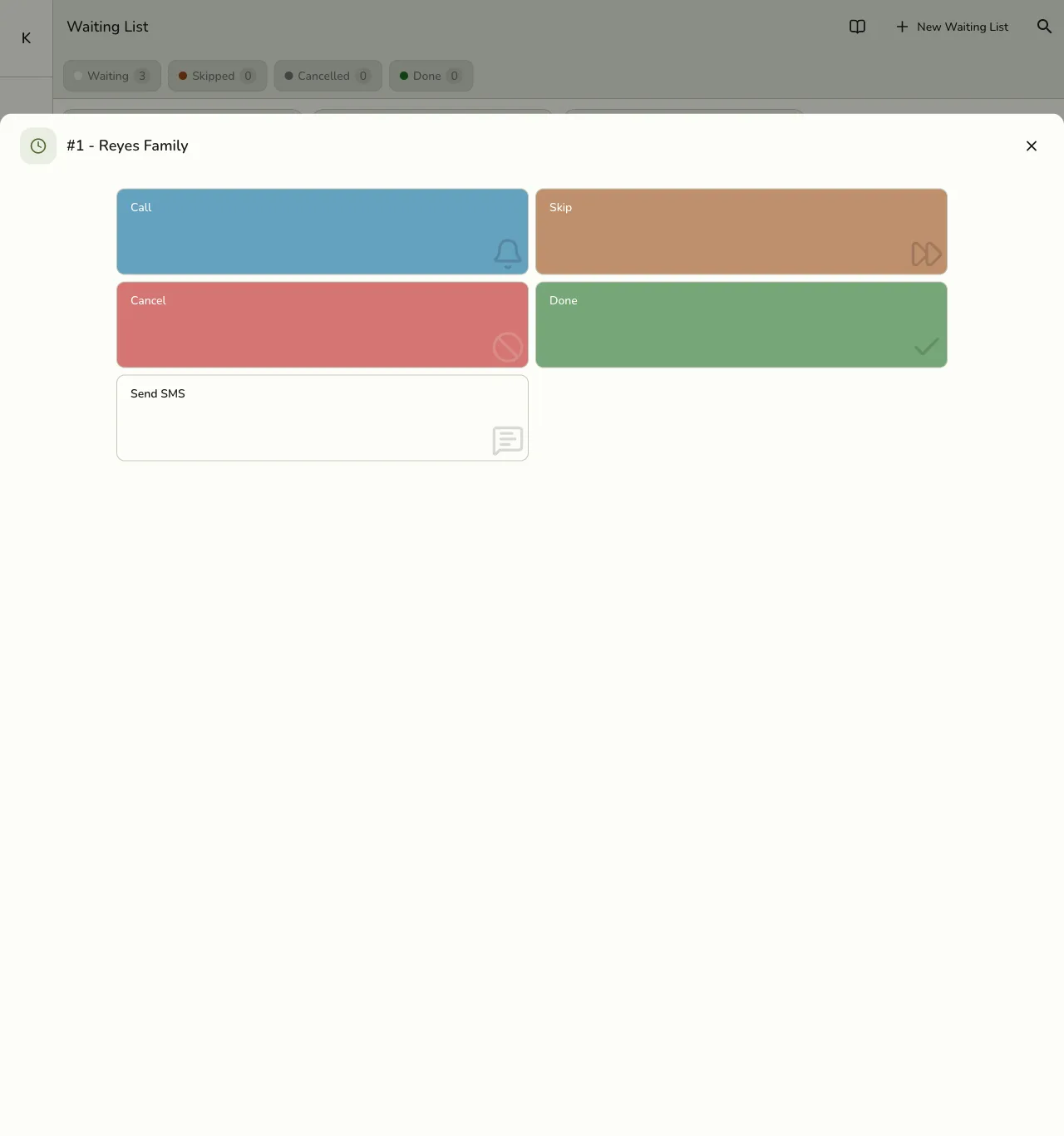 A waiting-list party's action sheet in Fuze Store with Call, Skip, Cancel, Done, and Send SMS buttons