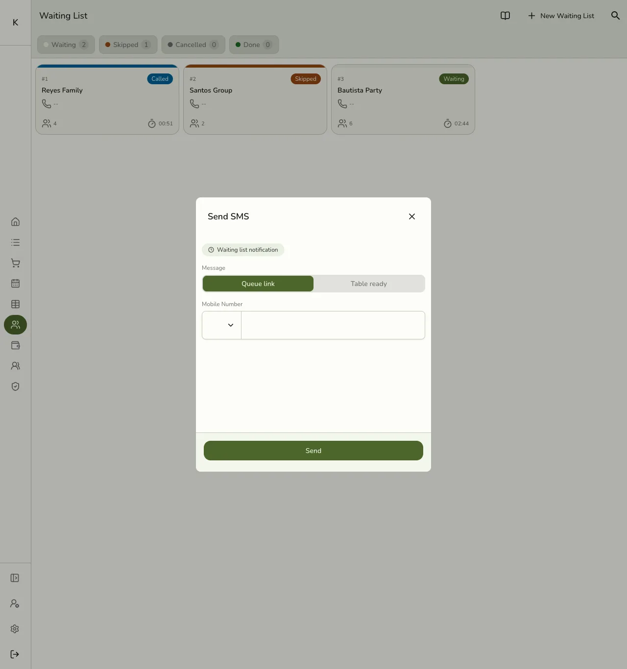 The Send SMS dialog for a waiting-list entry in Fuze Store, with a message template picker for Queue link or Table ready and a Mobile Number field