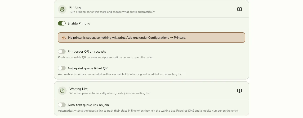The Printing section in Fuze Store Store Preferences, showing Enable Printing on with Print order QR on receipts and Auto-print queue ticket QR toggles