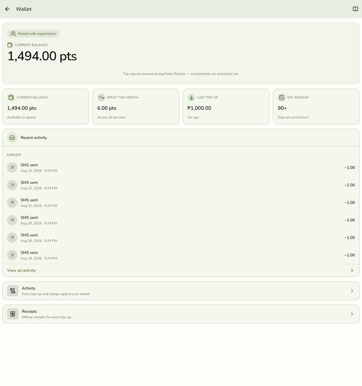 The store Wallet screen in Fuze Store, showing the current points balance, spend and top-up KPI tiles, recent activity, and links to Activity and Receipts